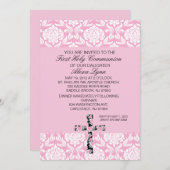 ピンクのダマスク織の女の子の聖餐の招待状 招待状 (正面/裏面)