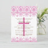 ピンクのダマスク織の洗礼の招待状 招待状 (スタンド正面)