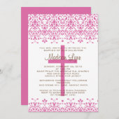 ピンクのダマスク織の洗礼の招待状 招待状 (正面/裏面)
