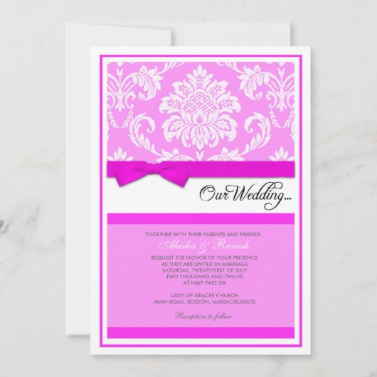 ピンクのダマスク織の結婚式招待状 招待状 (正面)