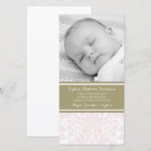 ピンクのダマスク織はベビーシャワーの写真カード感謝していしています サンキューカード (正面/裏面)