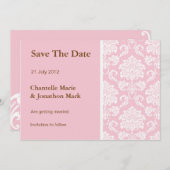 ピンクのダマスク セーブ・ザ・デート カード (正面/裏面)