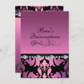 ピンクのダマスク＆ダイヤモンドのイメージのキンセアニエラ招待状 招待状 (正面/裏面)