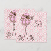 ピンクのダマスク ピンク ブラウン ベイビーガール シャワー 招待状 (正面/裏面)