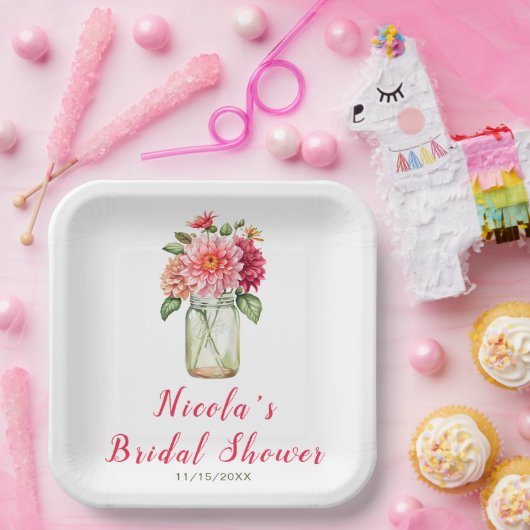 ピンクのダリアのメイソンジャー ブライダルシャワー ペーパープレート (パーティー)