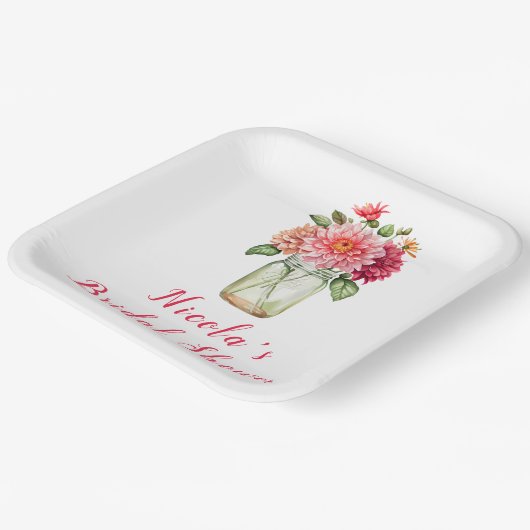 ピンクのダリアのメイソンジャー ブライダルシャワー ペーパープレート (傾斜あり)