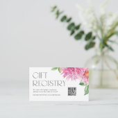 ピンクのダリアの花束QRコードベビーシャワーレジストリー エンクロージャーカード (スタンド正面)