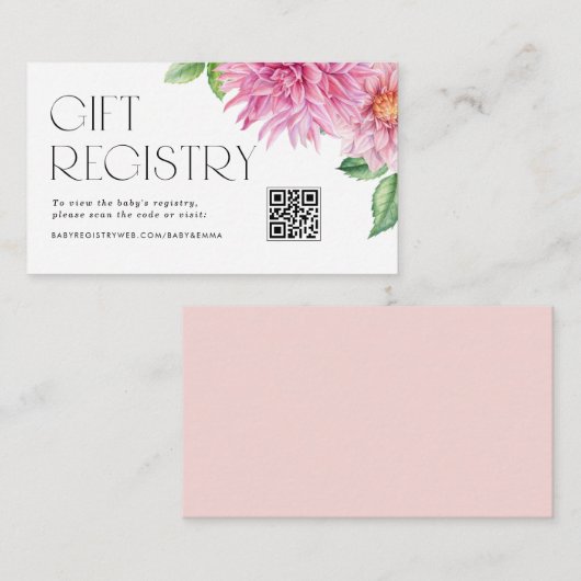 ピンクのダリアの花束QRコードベビーシャワーレジストリー エンクロージャーカード (正面/裏面)