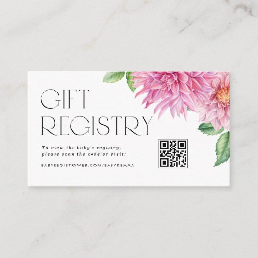 ピンクのダリアの花束QRコードベビーシャワーレジストリー エンクロージャーカード (正面)