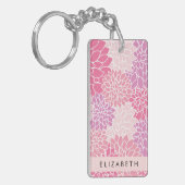 ピンクのダリアの花、花のパターン、あなたの名前 キーホルダー (正面左)