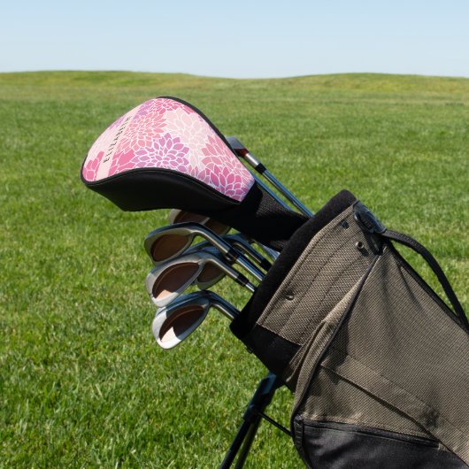 ピンクのダリアの花、花のパターン、あなたの名前 ゴルフヘッドカバー (インサイチュ)