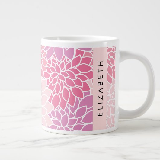 ピンクのダリアの花、花のパターン、あなたの名前 ジャンボコーヒーマグカップ (右)