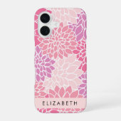 ピンクのダリアの花、花の模様、お名前 iPhone 16ケース (裏面)