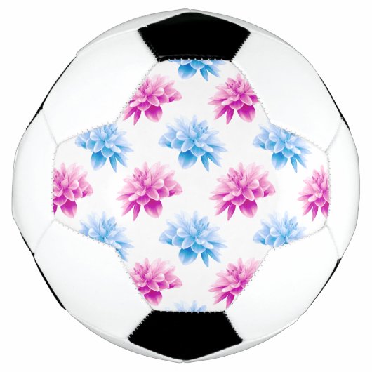 ピンクのダリア、ブルーダラ、花のパターン、花 サッカーボール (正面)