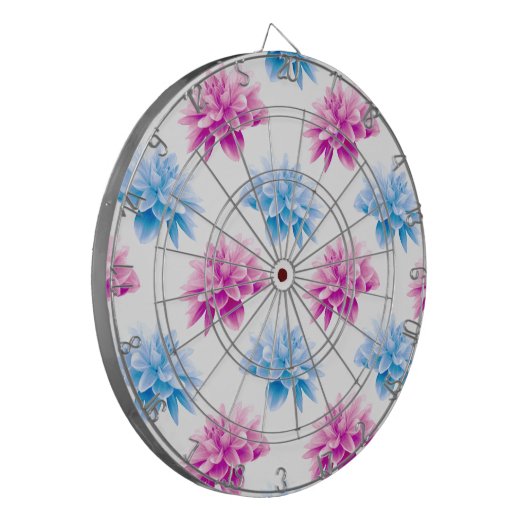 ピンクのダリア、ブルーダラ、花のパターン、花 ダーツボード (正面左)