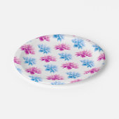 ピンクのダリア、ブルーダラ、花のパターン、花 ペーパープレート (アングル)