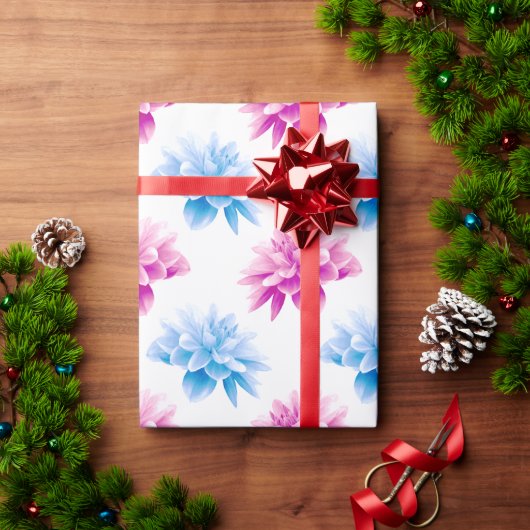 ピンクのダリア、ブルーダラ、花のパターン、花 ラッピングペーパー (クリスマスギフト)