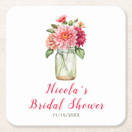 ピンクのダリア メイソンジャー ブライダルシャワー スクエアペーパーコースター