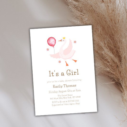 ピンクのダンシングプリンセススワン風船ベイビーシャワー 招待状