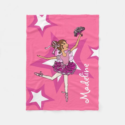 ピンクのダークヘアバレリーナ女の子の名前バレエ毛布 フリースブランケット (正面)