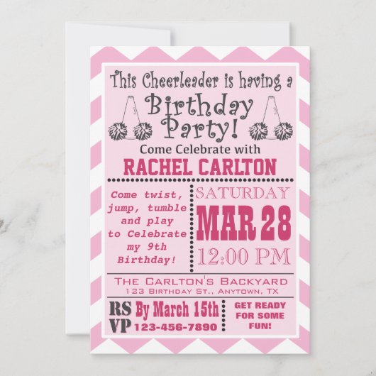 ピンクのチアリーティング誕生会の招待 招待状 (正面)