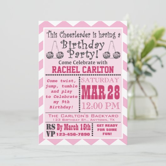 ピンクのチアリーティング誕生会の招待 招待状 (スタンド正面)