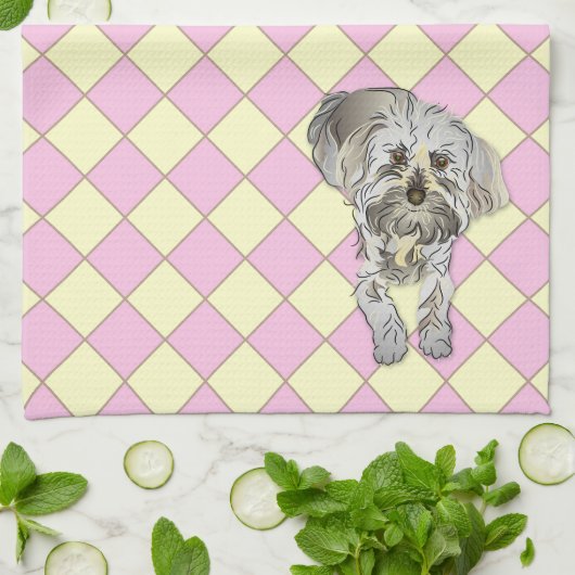 ピンクのチェックされたパターンのマルティポの子犬 キッチンタオル (折り畳み)