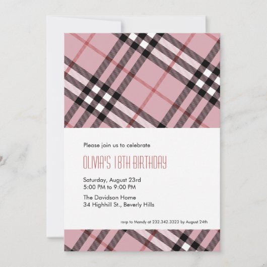 ピンクのチェックの招待状 招待状 (正面)