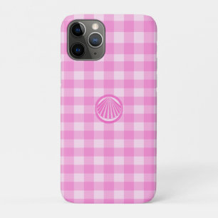 ピンクのチェック柄と貝殻 iPhone 11 PROケース