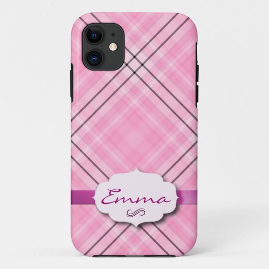 ピンクのチェック柄にネームタグ Case-Mate iPhoneケース (裏面)