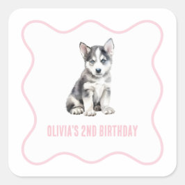 ピンクのチェック柄のプリッピーなハスキー子犬の誕生日 スクエアシール