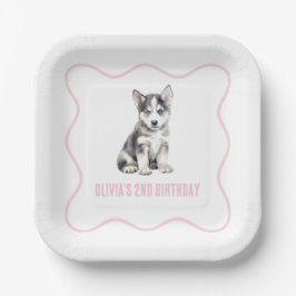 ピンクのチェック柄のプレッピーなハスキー子犬の誕生日 ペーパープレート