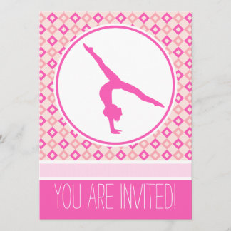 ピンクのチェック柄ダイヤモンド 体操パーティー招待状 招待状