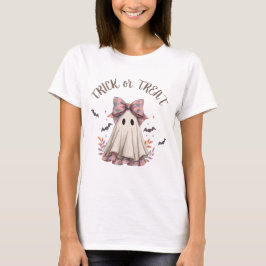 ピンクのチェック柄リボンを付けた可愛いオバケの女の子 ハロウィン Tシャツ