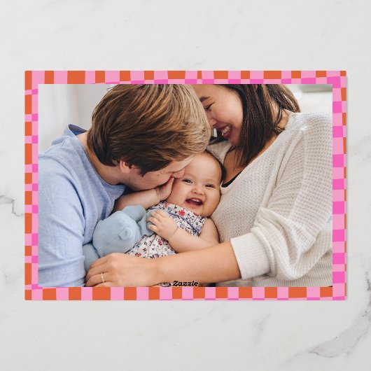 ピンクのチェック柄 カラフルなレトロなクリスマスの写真 箔シーズンカード (裏面)