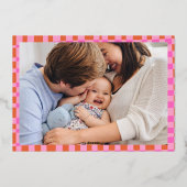 ピンクのチェック柄 カラフル レトロなクリスマスの写真 箔シーズンカード (裏面)