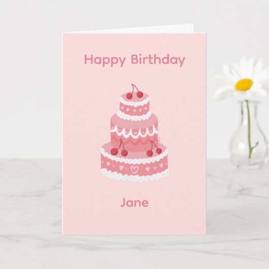 ピンクのチェリーバースデーケーキ カード (小さな植物)