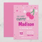 ピンクのチェリーバースデー招待状 招待状 (正面/裏面)
