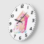 ピンクのチキンクープと花 ラージ壁時計 (傾斜)