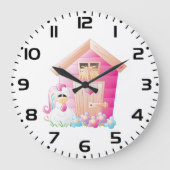 ピンクのチキンクープと花 ラージ壁時計 (正面)