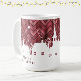 ピンクのチブロン柄のニット風クリスマスビレッジ  コーヒーマグカップ