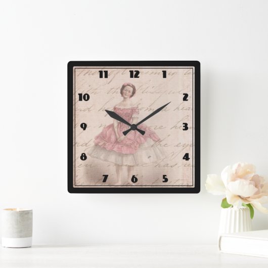 ピンクのチュチュのヴィンテージのバレリーナの女の子 スクエア壁時計 (ホーム)