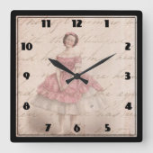 ピンクのチュチュのヴィンテージのバレリーナの女の子 スクエア壁時計 (正面)