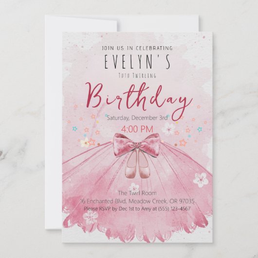 ピンクのチュチュの誕生日ガール バレエパーティー 招待状 (正面)