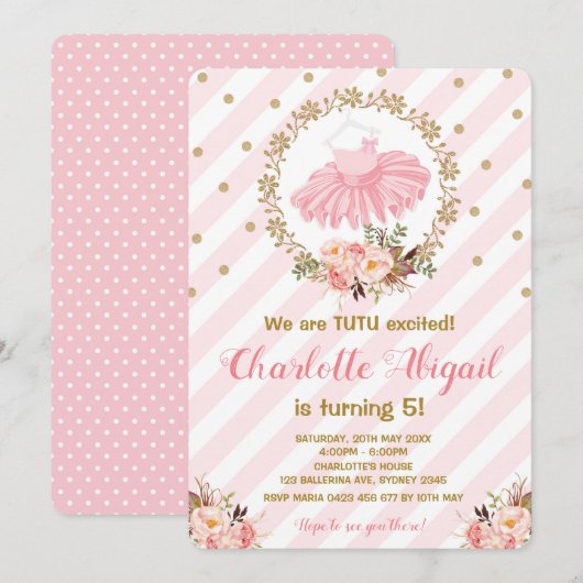 ピンクのチュチュ バレリーナ バレエ ベビーシャワー 招待状 (正面/裏面)