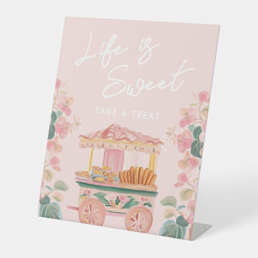 ピンクのチュロスワゴン "Life is Sweet" 台座サイン (正面)