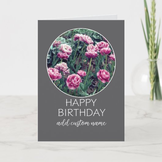 ピンクのチューリップかわいらしをパーソナライズするハッピーバースデー カード (正面)