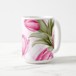 ピンクのチューリップとチェックの春の花柄 コーヒーマグカップ