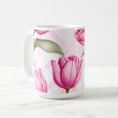ピンクのチューリップとチェックの春の花柄 コーヒーマグカップ (正面左)