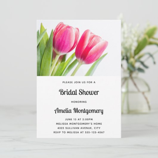 ピンクのチューリップと緑離れのブライダルシャワー 招待状 (スタンド正面)